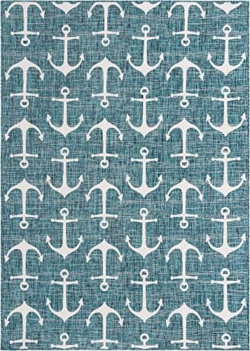 Unique Loom Outdoor Coastal Collection Area Rug - Ahoy (7' 10" x 11' Rectangle, Teal/ Ivory) - Image 3
