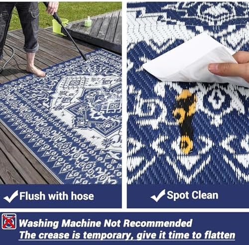 COZYLOOM Outdoor Rug Waterproof 10x14 Reversible Outdoor Plastic Straw Rugs Oriental Medallion Patio Rug Indoor Outdoor Carpet RV Mat for Deck Backyard Patio RV Camping Beach, Dark Blue and White - Image 7