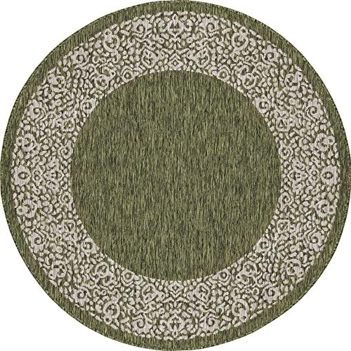 Unique Loom Outdoor Border Collection Area Rug - Floral Border (5' 3" Round, Green/ Ivory) - Image 3