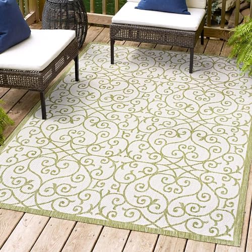 Eyely Filigree Textured Weave Area Rug 3X5 Green/Cream, Indoor Outdoor Rug by eyely