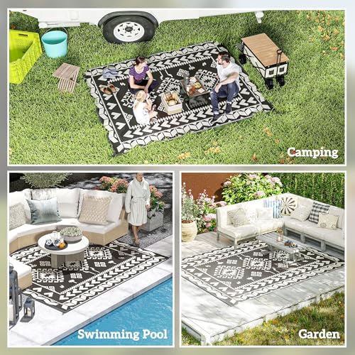 Outsunny Outdoor Rug for Patio Waterproof 8' x 10' Black & White Rhombus - Image 5