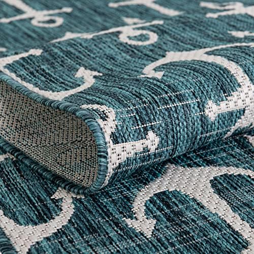 Unique Loom Outdoor Coastal Collection Area Rug - Ahoy (7' 10" x 11' Rectangle, Teal/ Ivory) - Image 6