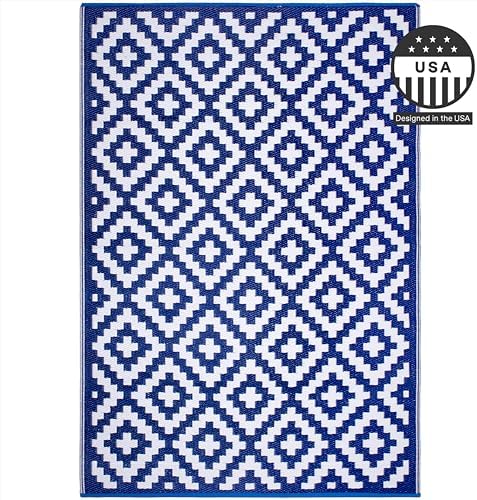 FH Home Outdoor Rug - Waterproof, Fade Resistant, Reversible - Premium Recycled Plastic - Geometric - Patio, Porch, Deck, Balcony - Aztec - Blue & White Crease Free - 5 x 8 ft - Image 4