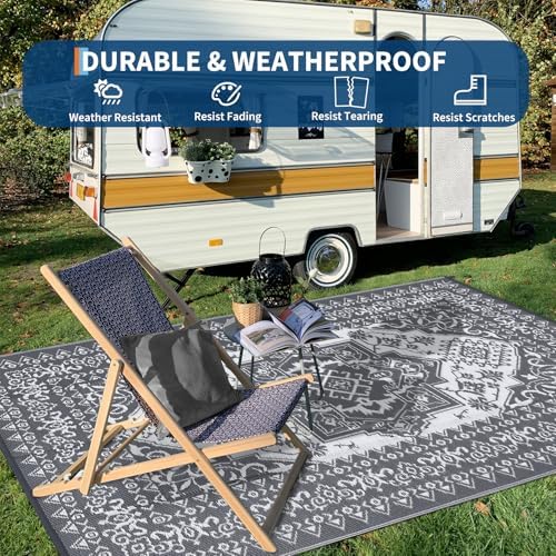 COZYLOOM Large Outdoor Rug 8x10 Patio Waterproof Reversible Mat Palm Retro Oriental Camping Rugs Indoor Outdoor Rugs Carpet Plastic Straw Rug for Deck Balcony Pool RV Camping, Grey and White - Image 7