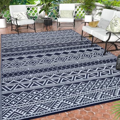 Reversible Mat 8x10 Plastic Straw Rug Outdoor Rug Bohemian Area Rug Waterproof Patio Rug Outdoor Camping Rug for RV Porch Deck Camper Balcony Backyard Easy Cleaning Picnic Mat Navy White - Image 3
