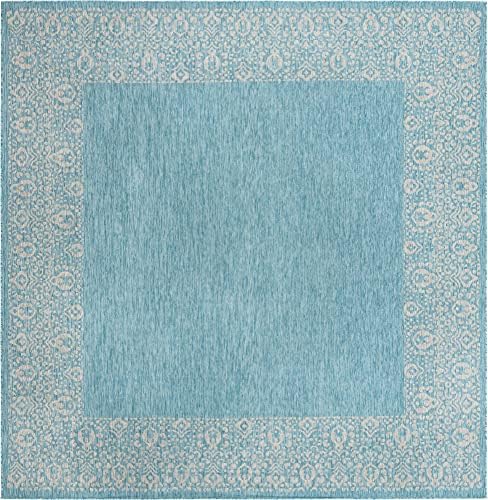 Unique Loom Outdoor Border Collection Area Rug - Floral Border (10' 8" Square, Aqua/ Ivory) - Image 3