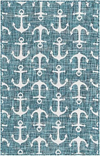 Unique Loom Outdoor Coastal Collection Area Rug - Ahoy (3' 3" x 5' 3" Rectangle, Teal/ Ivory) - Image 3