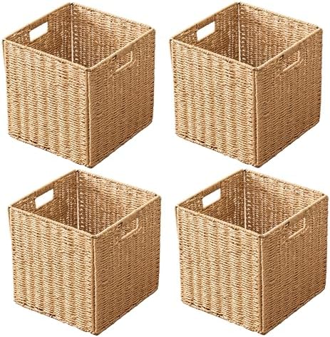 11x11x11 Cube Storage Bins Set of 4, Paper Rope Hand Woven Storage Basket with Handles, Collapsible Square Storage Cubes for Shelves, Wicker Shelf Baskets for Living Room Bedroom Organizing, Natural by HADAMUYE