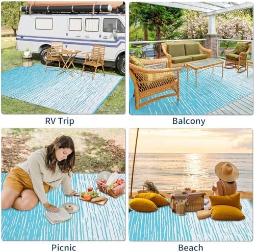 Outdoor Rug 6x9 Waterproof Patio Rugs Abstarct Line Reversible Mat for Front Door Rv Foldable Plastic Straw Carpet for Travel Trailers, Deck, Picnic, Porch, Camper, Balcony, Beach，Light Blue - Image 7