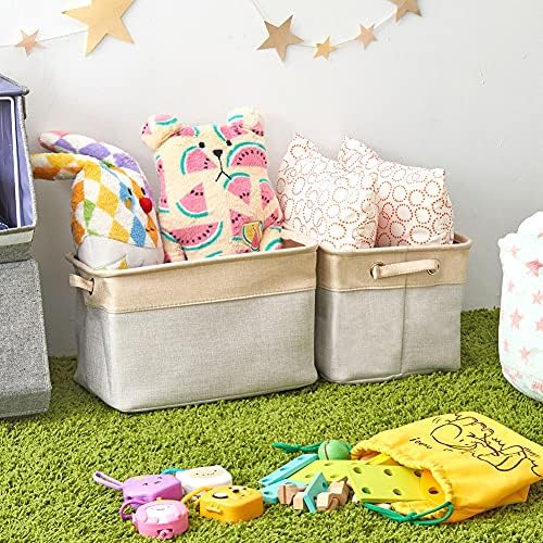 EZOWare Set of 3 Large Canvas Fabric Tweed Storage Organizer Cube Set W/Handles for Nursery Kids Toddlers Home and Office - 15 L x 10.5 W x 9.4 H -Gray/Cream - Image 4
