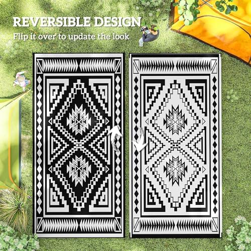 Outsunny Outdoor Rug for Patio Waterproof 9' x 18' Black & Gray Square - Image 7