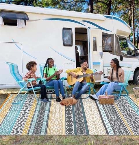 GlowSol Outdoor Rugs 8x10 Waterproof Portable Camping Carpet, Reversible Outdoor Plastic Straw Rug for Patio, RV Mat Bohemian Outdoor Rugs for Porch Deck Backyard Balcony Picnic,Yellow/Teal - Image 7