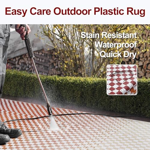 Wonnitar Waterproof 8x10 Outdoor Rug - Orange Red Ombre Checkered Patio Rug, Large Reversible Outside Mat for RV Deck Balcony, Lightweight Colorful Outdoor Camping Carpet - Image 4