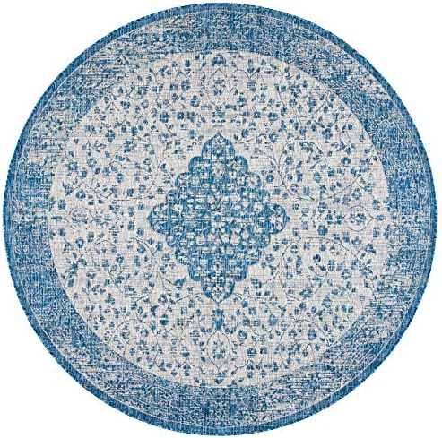 SAFAVIEH Washable Rug Outdoor Courtyard Collection - 6'7" Round, Blue & Grey, Non-Shedding & Easy Cleaning, Ideal for Patio, Backyard, Mudroom (CY8720-36812) - Image 4