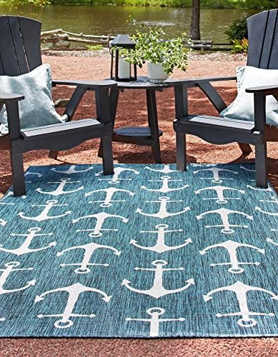 Unique Loom Outdoor Coastal Collection Area Rug - Ahoy (10'x 13' 1" Rectangle, Teal/ Ivory) - Image 4