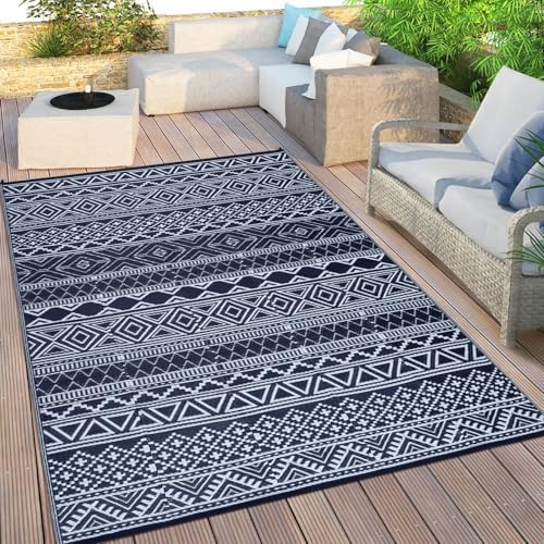GAOMON Outdoor Rug Waterproof 8'x10', Reversible Outdoor Plastic Straw Rug, Boho Patio Rug, Indoor Outdoor Carpet, RV Mat Outside for Patio, Camp, Picnic, Balcony, Deck, Dark Blue/White(Bohemia) by GAOMON