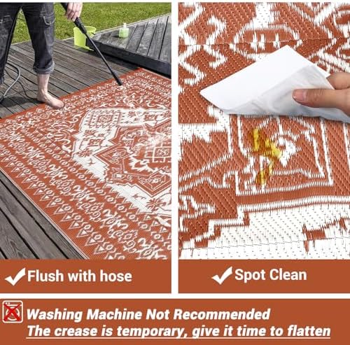 COZYLOOM Ultra Large Straw Rug 9x18 Waterproof Outdoor Rug Reversible Patio Rug, Foldable Outdoor Carpet with Bag, 4 Stakes, Vintage Oriental Rug for Backyard Picnic Garden, Terracotta - Image 6