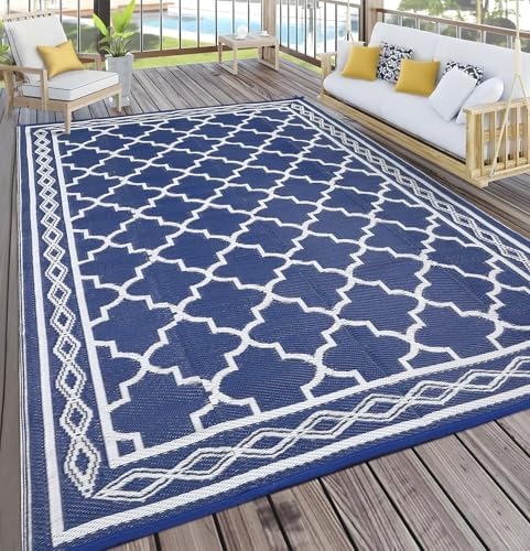 GlowSol Outdoor Rug 8x10 Waterproof Outdoor Plastic Straw Rug for Camping with Carry Bag, Reversible Easy Cleaning Portable Patio Rugs Mat Outside Carpet for RV Patio Backyard Deck Picnic,Dark Blue by GLOWSOL