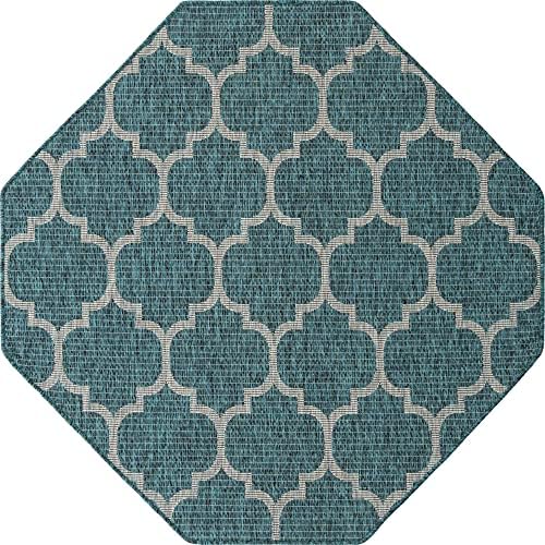 Unique Loom Trellis Collection Area Rug-Lattice Design, Moroccan Inspired for Indoor/Outdoor Décor, 5' 0" x 5' 0" Octagon, Teal/Gray - Image 3
