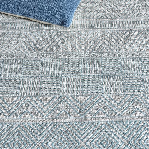 SAFAVIEH Washable Rug Outdoor Courtyard Collection - 8' x 10', Light Grey & Aqua Blue, Non-Shedding & Easy Cleaning, Ideal for Patio, Backyard, Mudroom, DIning Space (CY8196-37112) - Image 7