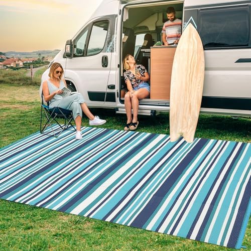 Garvee Waterproof Geometric Lines 9x18 Large Outdoor Rug Navy Blue Teal - Image 2