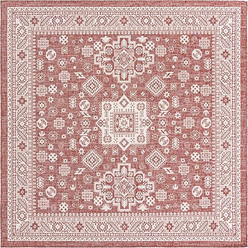 Rugs.com Outdoor Aztec Collection Rug – 10 Ft Square Rust Red Flatweave Rug Perfect for Living Rooms, Kitchens, Entryways - Image 3