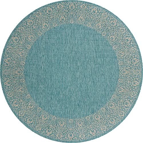 Unique Loom Outdoor Border Collection Area Rug - Floral Border (10' 8" Round, Aqua/ Ivory) - Image 3