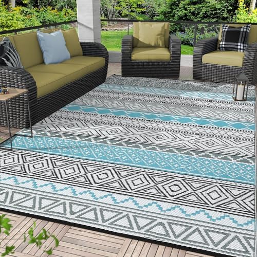 Reversible Mat 8x10 Plastic Straw Rug Outdoor Rug Bohemian Area Rug Waterproof Patio Rug Outdoor Camping Rug for RV Porch Deck Camper Balcony Backyard Easy Cleaning Picnic Mat Grey Teal - Image 2