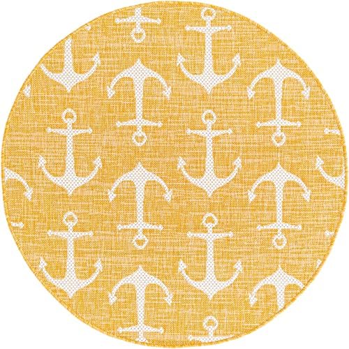 Unique Loom Outdoor Coastal Collection Area Rug - Ahoy (4' 1" Round, Yellow) - Image 2