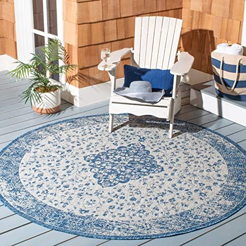SAFAVIEH Washable Rug Outdoor Courtyard Collection - 6'7" Round, Blue & Grey, Non-Shedding & Easy Cleaning, Ideal for Patio, Backyard, Mudroom (CY8720-36812) by SAFAVIEH