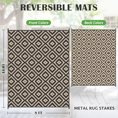 Mattitude Waterproof Outdoor Rug, Reversible Patio Rug, 8'x10' Black&Beige - Image 2