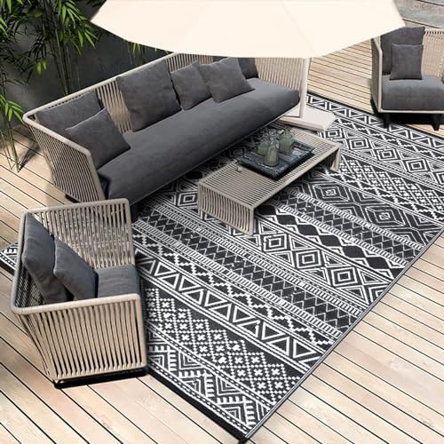 GAOMON Outdoor Rug Waterproof 8'x10', Reversible Outdoor Plastic Straw Rug, Boho Patio Rug, Indoor Outdoor Carpet, RV Mat Outside for Patio, Camp, Picnic, Balcony, Deck, Black/White(Bohemia) - Image 7