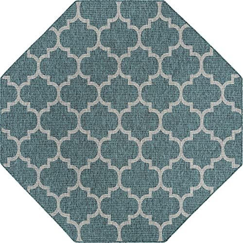 Unique Loom Trellis Collection Area Rug-Lattice Design, Moroccan Inspired for Indoor/Outdoor Décor, 8' 0" x 8' 0" Octagon, Teal/Gray - Image 3