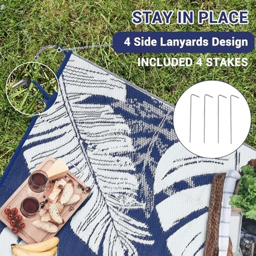 COZYLOOM Large Outdoor Rug 10x20 Waterproof Reversible Mat Palm Tropical Camping Rugs Indoor Outdoor Rugs Carpet Plastic Straw Rug for Patio Deck Balcony Pool RV Camping, Dark Blue and White - Image 6