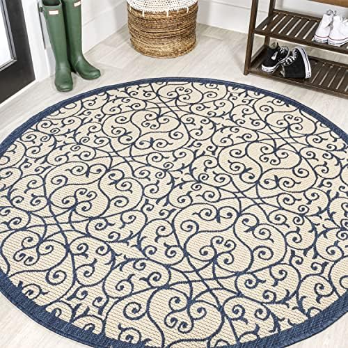 Eyely Filigree Textured Weave Round Rug 5 Ft Navy/Beige, Indoor Outdoor Rug by eyely