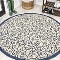 Eyely Filigree Textured Weave Round Rug 5 Ft Navy/Beige, Indoor Outdoor Rug by eyely
