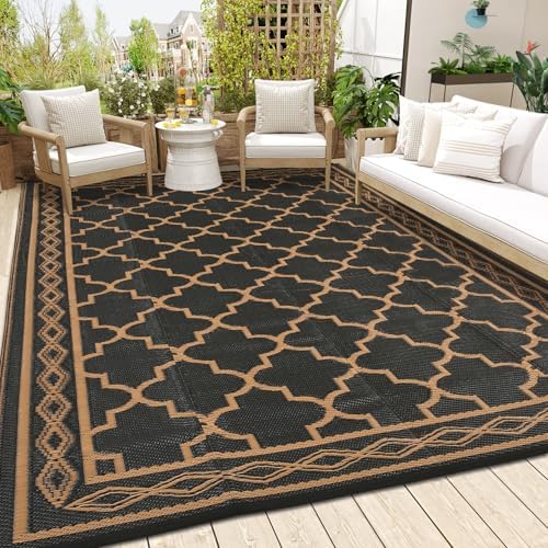 GlowSol Outdoor Rug Waterproof 9x12 ft Large Reversible Outdoor Plastic Straw Patio Rugs,Foldable Camping Rug with Carry Bag, RV Mat Outside Rugs for Patio,Picnic,Deck,Backyard,Pool, Black/Brown - Image 3