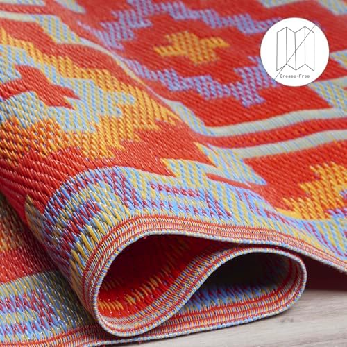 Fab Habitat Outdoor Rug - Waterproof, Fade Resistant, Crease-Free - Premium Recycled Plastic - Vintage Boho Kilim - Large Patio, Deck, Sunroom, Camping, RV - Lhasa - Orange & Violet - 6 x 9 ft - Image 5