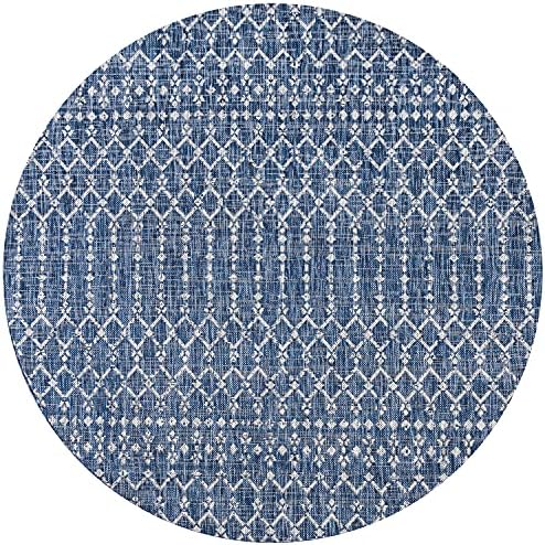 Eyely Moroccan Woven Round Rug 5 Ft Navy/Light Gray, Indoor Outdoor Rug - Image 3