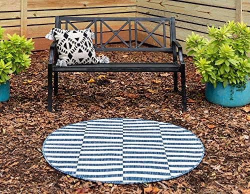 Unique Loom Outdoor Striped Collection Area Rug - Striped (4' 1" Round, Blue/Ivory) - Image 4