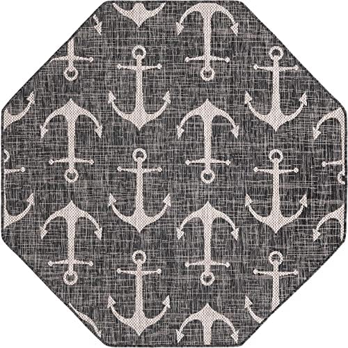 Unique Loom Outdoor Coastal Collection Area Rug - Ahoy (5' 3" Octagon, Charcoal/ Ivory) - Image 3