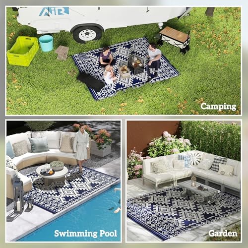 Outsunny Outdoor Rug for Patio Waterproof 8' x 10' Blue & White Rhombus - Image 5