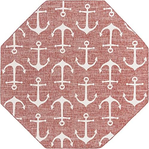 Unique Loom Outdoor Coastal Collection Area Rug - Ahoy (7' 10" Octagon, Rust Red/ Ivory) - Image 3