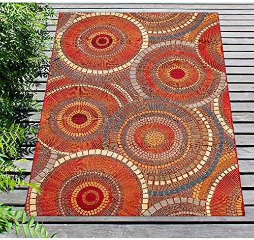 Liora Manne Marina Low Profile Durable Indoor/Outdoor Woven Rug- Circles Saffron 3'11" x 5'10" by LushDecor