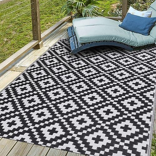 9' x 12', Plastic Straw Rug, Outdoor Patio Rugs, RV Rug, Large Floor Mat and Rugs for Outdoors, RV, Patio, Backyard, Deck, Picnic, Beach, Trailer, Camping, (Black&White | Diamond2) by Unknown