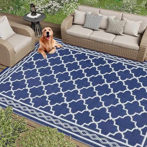 Outdoor Plastic Straw Rug 9x18 Large Floor Mat Vintage Trellis Waterproof Rug for Patio Reversible Outdoor Rugs for RV Beach Patio Camping Backyard Deck Picnic Dark Blue - Image 7
