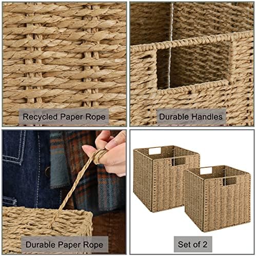 Vagusicc Wicker Baskets, Set of 2 Hand-Woven Storage Baskets for Shelves with Handles, Foldable Cube Wicker Storage Basket Bins Organizer 13 Inches Large Woven Baskets for Storage Organizing & Decor - Image 6