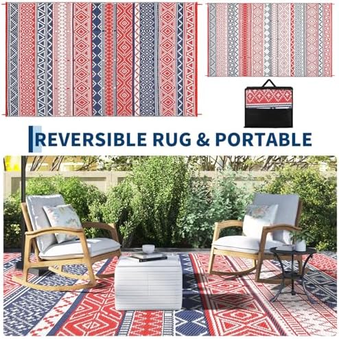 Outdoor Rug 9x12 Reversible Patio Rug Boho Outdoor Plastic Straw Rugs Bohemian Waterproof Outside Carpet for Deck RV Camping Rugs for Patio Backyard Picnic Porch Beach Balcony, Red Navy - Image 3
