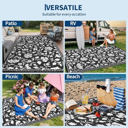 Garvee Floral Outdoor Rug 9x12 Patio Waterproof Plastic Straw Rug, Black - Image 7