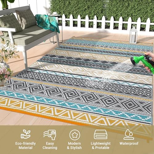 Outdoor Rug 9x12 Reversible Patio Rug Outdoor Plastic Straw Rug Bohemian Rug Waterproof for Deck RV Outside Rug for Patio Backyard Picnic Camp Beach Balcony Yellow Teal - Image 3